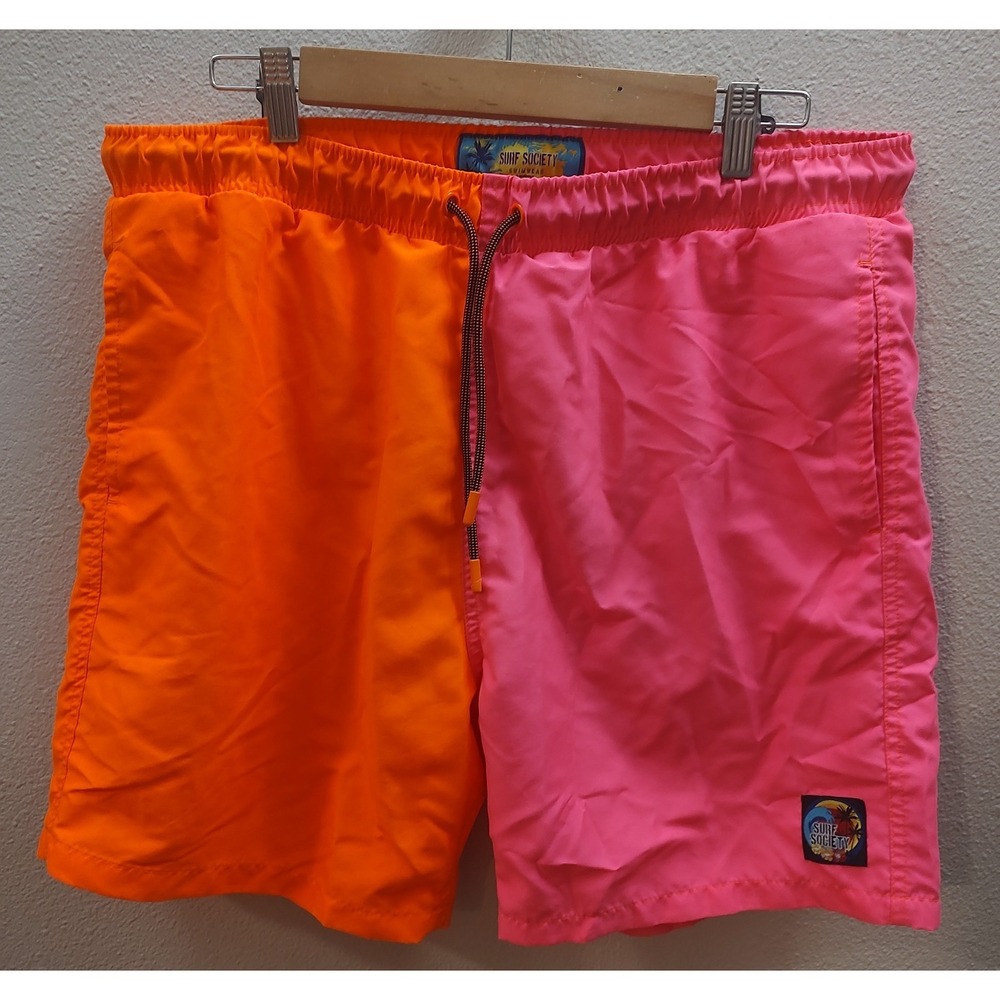 Mens XL Surf Society DrawString Lined Neon Orange Pink Swim Board Shorts A3